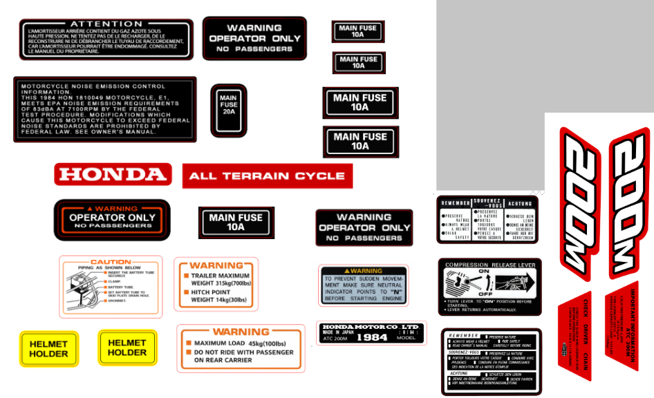 🔥 KIT WARNINGS & ÉTIQUETTES HONDA ATC 200M 1984 🔥